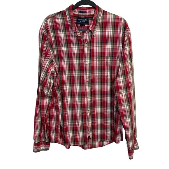 Abercrombie & Fitch Red Plaid Mens Long Sleeve Button-Up Shirt Size XL - Picture 1 of 6